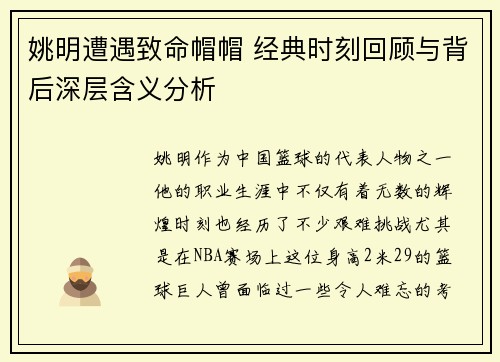 姚明遭遇致命帽帽 经典时刻回顾与背后深层含义分析